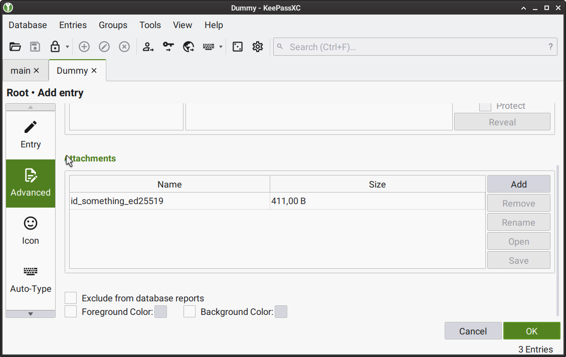 KeePassXC  tab: Adding a private key attachment
